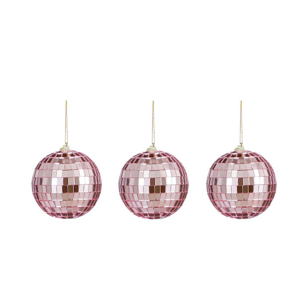 House of Seasons disco kerstballen - 3x - roze - 8 cm - foam - Kerstbal