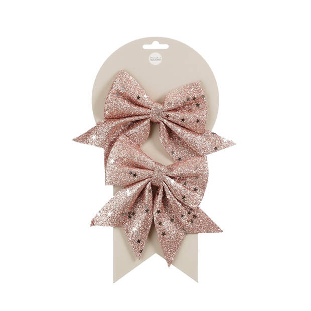 House of Seasons kerst ornamenten strikjes 2x- roze -12 x 13 cm - Kersthangers