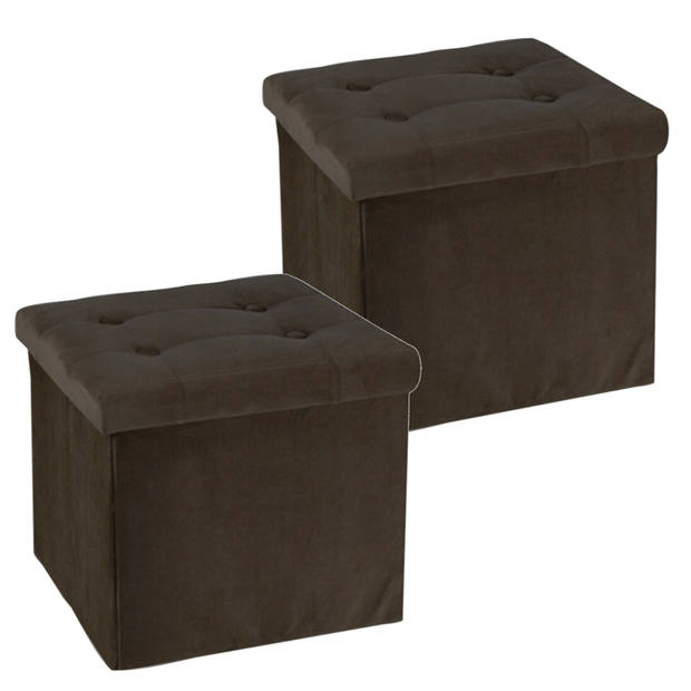 H&S Collection Poef/hocker/krukje - 2x - opbergbox - donkerbruin - fluweel polyester - 38 x 38 cm - Poefs