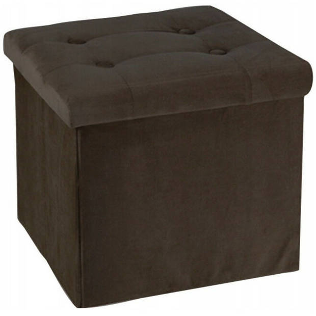 H&S Collection Poef/hocker/krukje - opbergbox - donkerbruin - fluweel polyester - 38 x 38 cm - Poefs