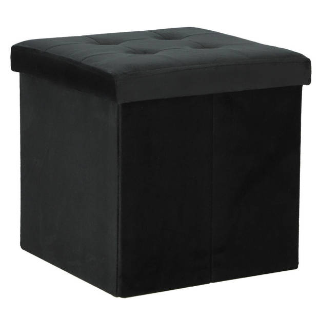 H&S Collection Poef/hocker/krukje - 2x - opbergbox - zwart - fluweel polyester - 38 x 38 cm - Poefs