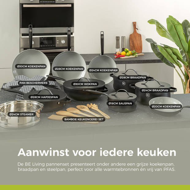 BE Living Pannenset 5-delig - Koekenpannen Ø20, 24 en 28 cm + Wokpan Ø30 cm + Hapjespan Ø28 cm - Zwart