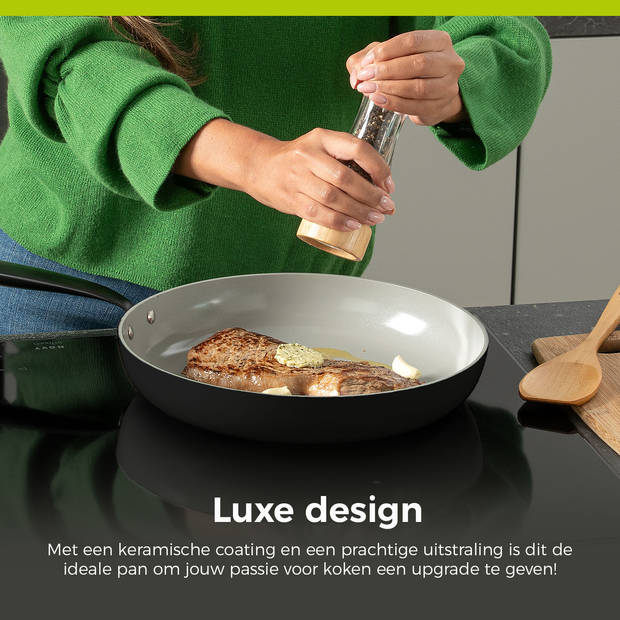 BE Living Pannenset 5-delig - Koekenpannen Ø20, 24 en 28 cm + Wokpan Ø30 cm + Hapjespan Ø28 cm - Zwart