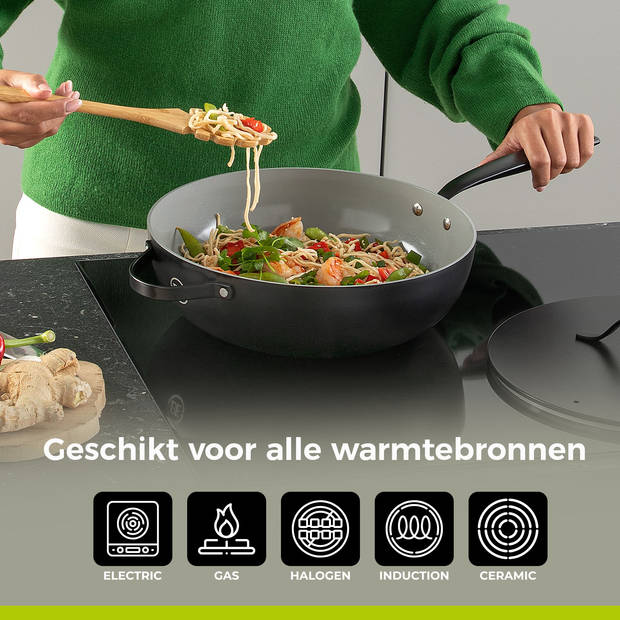 BE Living Pannenset 5-delig - Koekenpannen Ø20, 24 en 28 cm + Wokpan Ø30 cm + Hapjespan Ø28 cm - Zwart