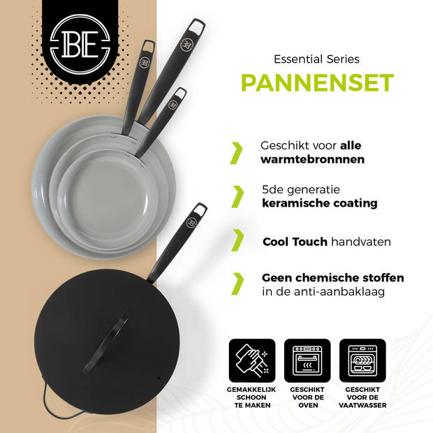 BE Living Pannenset 4-delig - Koekenpannen Ø20, 24 en 28 cm + Wokpan Ø30 cm - Zwart