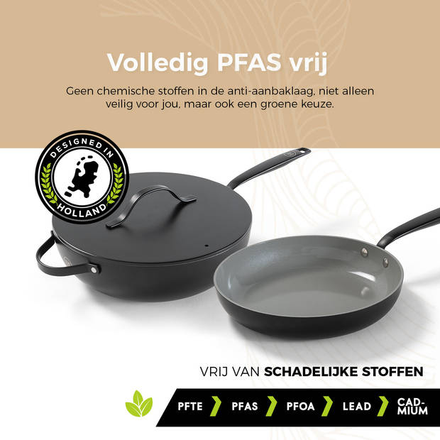 BE Living Pannenset 4-delig - Koekenpannen Ø20, 24 en 28 cm + Wokpan Ø30 cm - Zwart