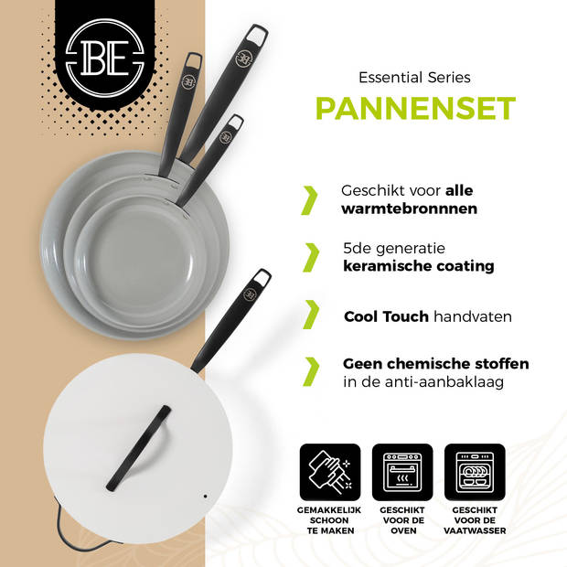 BE Living Pannenset 4-delig - Koekenpannen Ø20, 24 en 28 cm + Wokpan Ø30 cm - Geschikt voor alle warmtebronnen - Wit