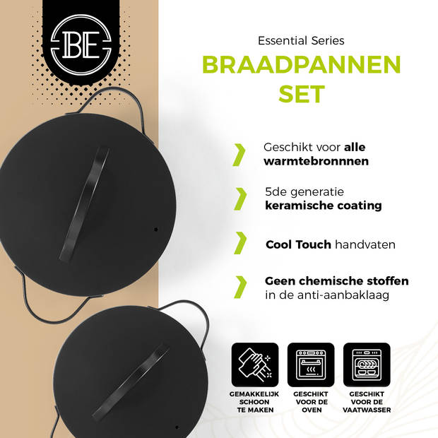 BE Living Braadpan - Ø 24 & 28 cm - Keramische Pannen - PFAS vrije Kookpan - Geschikt voor alle warmtebronnen - Zwart