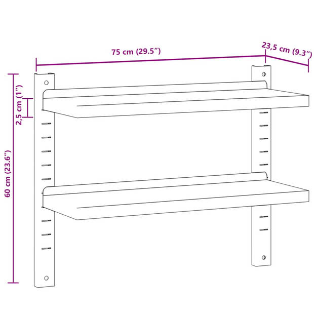 vidaXL Wandschap 2-laags 75x23,5x60 cm roestvrijstaal zilverkleurig