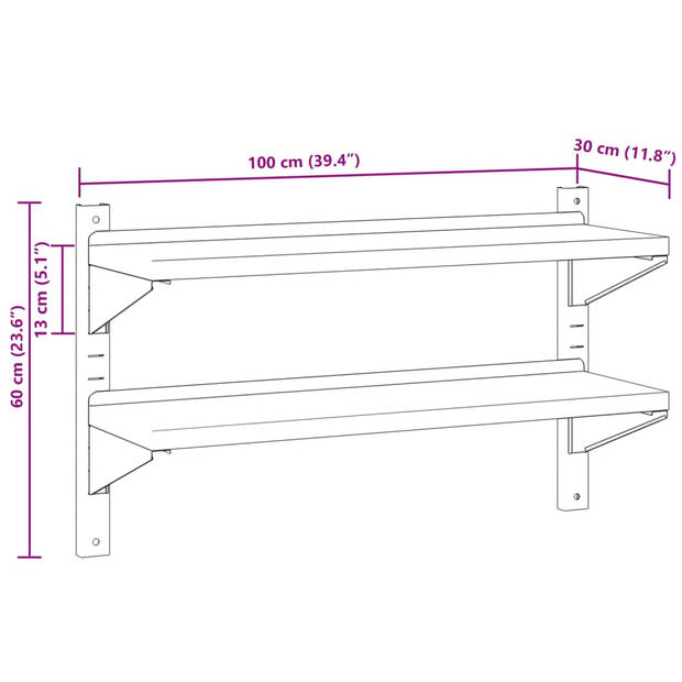 vidaXL Wandschap 2-laags 100x30x60 cm roestvrijstaal zilverkleurig