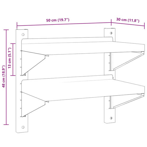 vidaXL Wandschap 2-laags 50x30x60 cm roestvrijstaal zilverkleurig