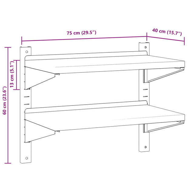 vidaXL Wandschap 2-laags 75x40x60 cm roestvrijstaal zilverkleurig