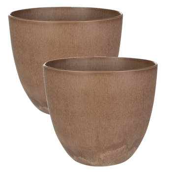 2x stuks plantenpot/bloempot in een natuursteen look Dia 23 cm en Hoogte 20 cm terra cotta - Plantenpotten