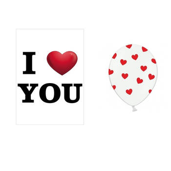 Mega poster I Love You A1 formaat en 6x witte ballonnen - Feestpakketten