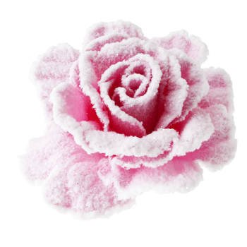 Roze decoratie rozen sneeuw op clip 10 cm - Feestdecoratievoorwerp