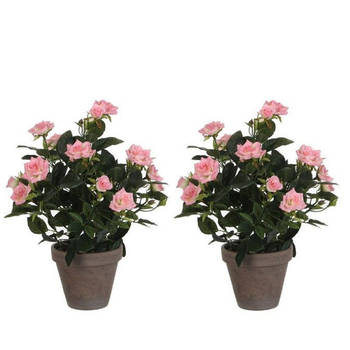 2x Roze rozen kunstplanten 33 cm met pot stan grey - Kunstplanten