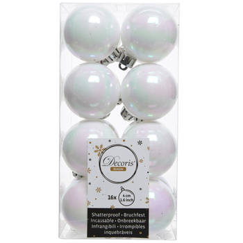 Decoris kleine kerstballen - 16x st - wit parelmoer - 4 cm - kunststof - Kerstbal