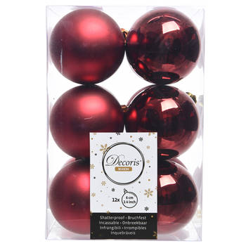 12x Kunststof kerstballen glanzend/mat donkerrood 6 cm kerstboom versiering/decoratie - Kerstbal