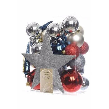 Decoris kerstballen set - 33x st - incl. piek - zilver/rood/blauw - kunststof - Kerstbal