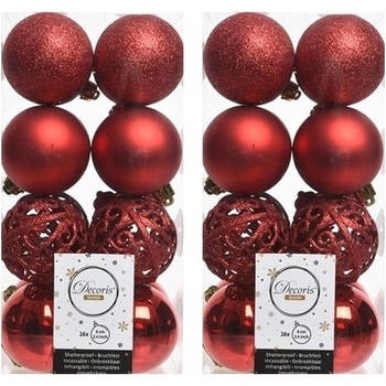 32x Kunststof kerstballen mix kerst rood 6 cm kerstboom versiering/decoratie - Kerstbal