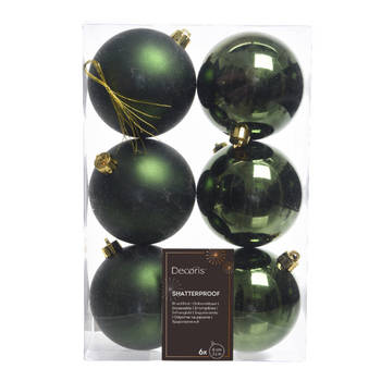 Decoris Kerstballen - 6x st - donkergroen - D8 cm - kunststof - Kerstbal