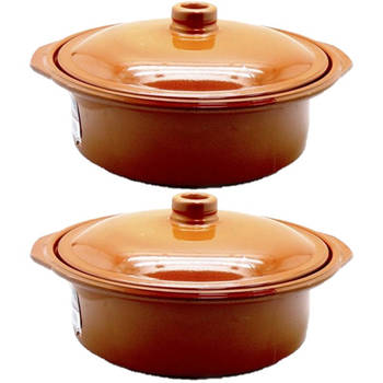 Set van 2x stuks tapas terracotta ovenschalen/stoofpotten cocotte met deksel 30 cm - Braadpannen