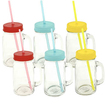 Drinkglas Met Rietje En Deksel - Pul - Mason Jar– 400 ml – 6 Stuks