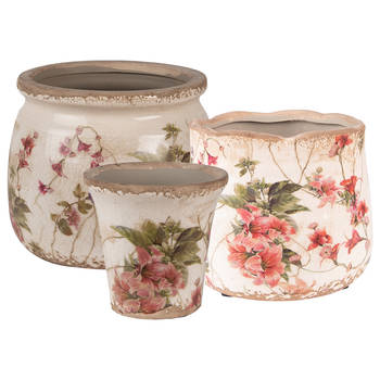 HAES DECO - Set van 3 Bloempotten Ø 16x13, Ø 13x11 en Ø 9x8 cm Beige Roze Keramiek Bloemen Bloempot Binnen