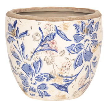 HAES DECO - Bloempot Ø 18x17 cm Blauw Beige Keramiek Rond Bloemen Bloempot binnen Plantenpot Plant pot