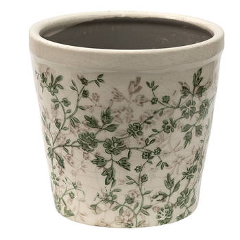 HAES DECO - Bloempot Ø 14*13 cm Groen Bruin Keramiek Bladeren Bloempot binnen Plantenpot Plant pot