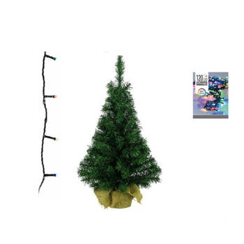 Groene kunst kerstboom 90 cm inclusief gekleurde kerstverlichting - Kunstkerstboom