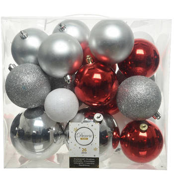 Decoris Kerstballen - 26x st - zilver/rood/wit - 6, 8, 10 cm - kunststof - - Kerstbal