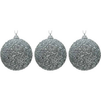 3x Kerstballen zilveren glitters 8 cm met kralen kunststof kerstboom versiering/decoratie - Kerstbal