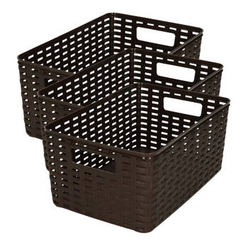 Plasticforte Opbergmand - 3x - Kastmand - rotan kunststof - donkerbruin - 6 Liter - 19 x 29 x 13 cm - Opbergmanden