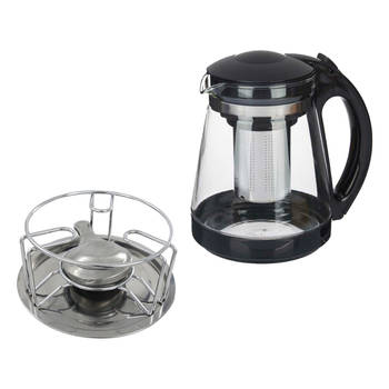 Theepot met filter/infuser inclusief warmhoudplaatje - 1,8 L - chroom - Theepotten