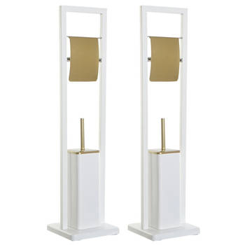 2x stuks toiletborstels met toiletrolhouder wit/goud metaal 80 cm - Toiletborstels