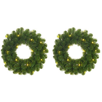 Set van 2x stuks groene kerstkransen met verlichting 30 LED lampjes 60 cm - Kerstkransen