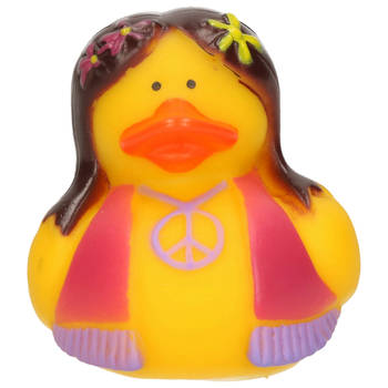 Badeendje flower power hippie geel met roze/paars vestje 5 cm - Badeendjes