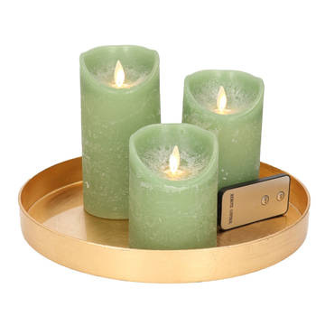 Ronde kaarsenplateau goud van kunststof D27 cm met 3 jade groene LED-kaarsen 10/12,5/15 cm - Kaarsenplateaus