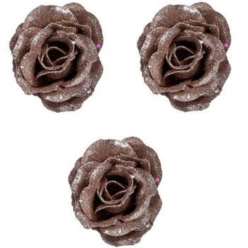 3x Oud roze decoratie roos glitters op clip 7 cm - Kunstbloemen