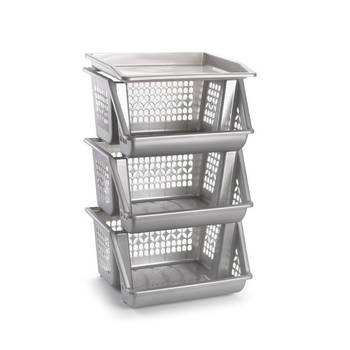 Plasticforte Opberg kratten/manden/organizers - 3 lagen/vakken - 39 x 32 x 62 cm - kunststof - zilver - Opbergmanden