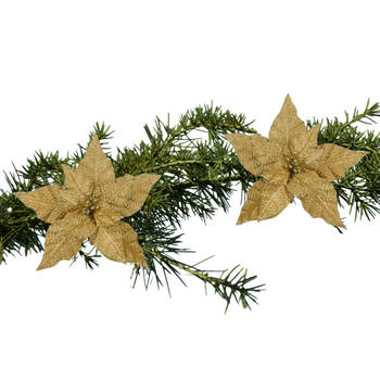 House of Seasons Kerstboom bloemen op clip - 2x - goud - 18 cm - Kersthangers