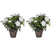 2x groene Azalea kunstplanten met witte bloemen 27 cm met pot stan grey - Kunstplanten