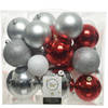 Decoris Kerstballen - 26x st - zilver/rood/wit - 6, 8, 10 cm - kunststof - - Kerstbal