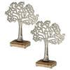 2x Stuks decoratie levensboom van aluminium op houten voet 30 cm zilver - Beeldjes