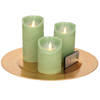 Ronde kaarsenplateau goud van kunststof D33 cm met 3 jade groene LED-kaarsen 10/12,5/15 cm - Kaarsenplateaus