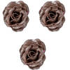 3x Oud roze decoratie roos glitters op clip 7 cm - Kunstbloemen