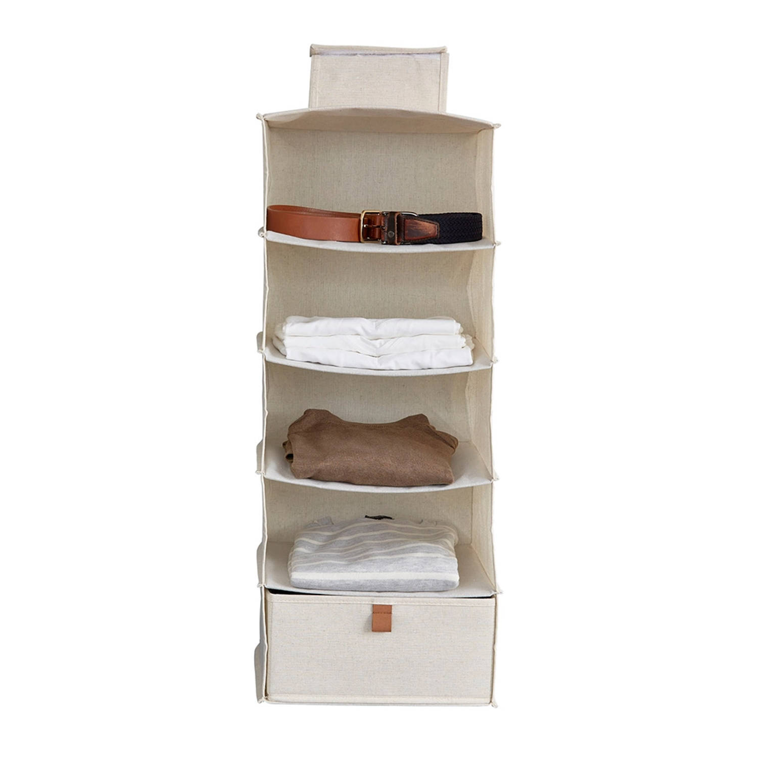 hangplank voor de kledingkast - stoffen organizer - versterkt met houten plank - met 4 vakken en 1 lade - beige - 30x30x75 cm