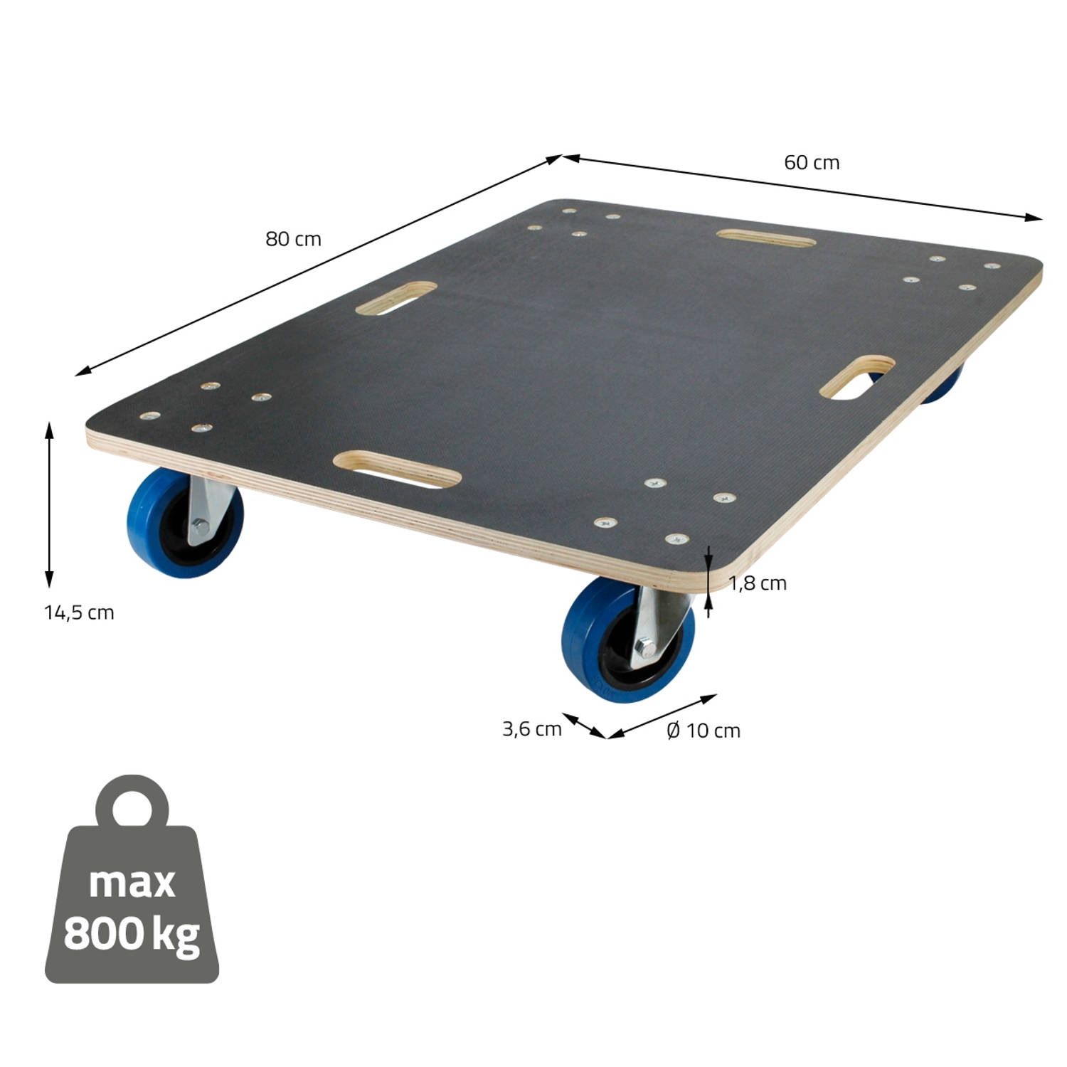 meubelwagen met 4 zwenkwielen, 60 x 80 cm, draagvermogen tot 800 kg, gemaakt van CNC-gefreesd multiplex