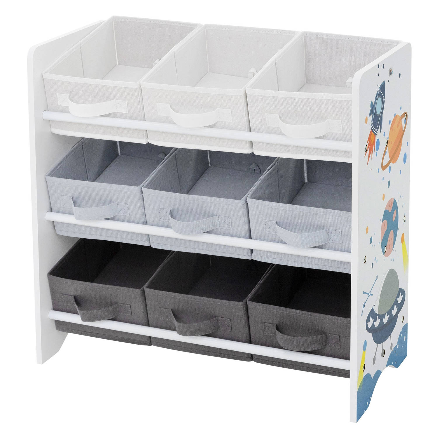 Joyz kinderplank, ruimte, 62,5x29,5x60 cm, wit, speelgoedplank met 9 opbergdozen van vliesstof, kinderboekenplank met 3